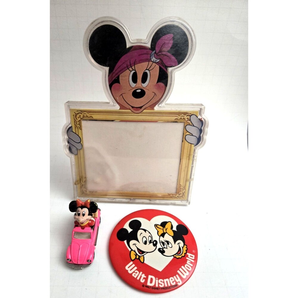 DISNEYANA Minnie Mouse Lot of Frame Toy Car and Disney World Button Pin
